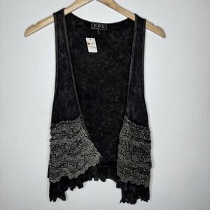 POL Black Acid Wash Open Front Sleeveless Cardigan Vest Boho Womens Small Grunge